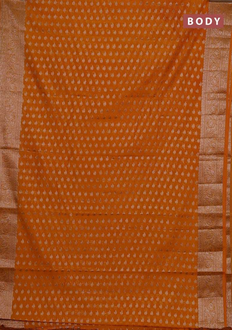 Semi Chiniya Silk Saree Mango Yellow With Allover Thread Zari Woven Buttas And Woven Border With Buttas And Brocade Design For Women - Indya