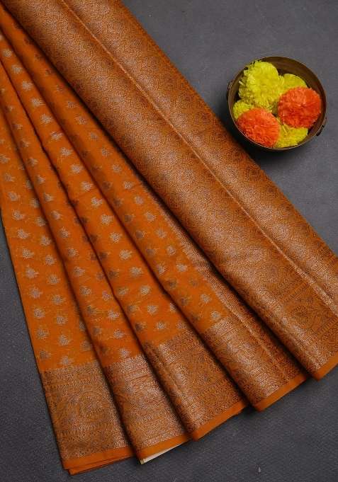 Semi Chiniya Silk Saree Mango Yellow With Allover Thread Zari Woven Buttas And Woven Border With Buttas And Brocade Design For Women