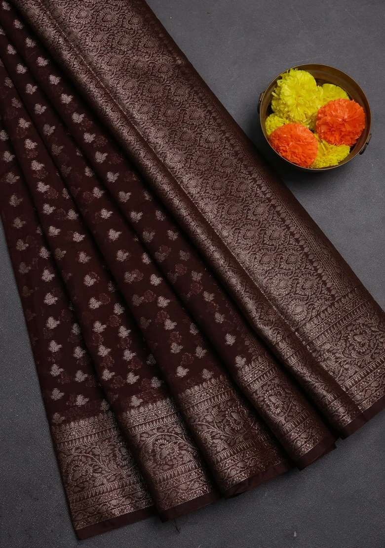 Semi Chiniya Silk Saree Coffee Brown With Allover Thread Zari Woven Buttas And Woven Border With Buttas And Brocade Design For Women - Indya
