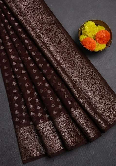 Semi Chiniya Silk Saree Coffee Brown With Allover Thread Zari Woven Buttas And Woven Border With Buttas And Brocade Design For Women