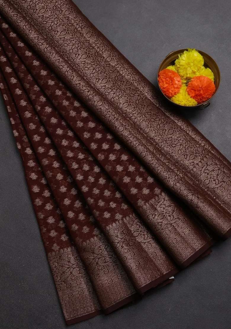 Semi Chiniya Silk Saree Coffee Brown With Allover Thread Zari Woven Buttas And Woven Border With Buttas And Brocade Design For Women - Indya