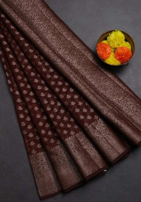 Semi Chiniya Silk Saree Coffee Brown With Allover Thread Zari Woven Buttas And Woven Border With Buttas And Brocade Design For Women