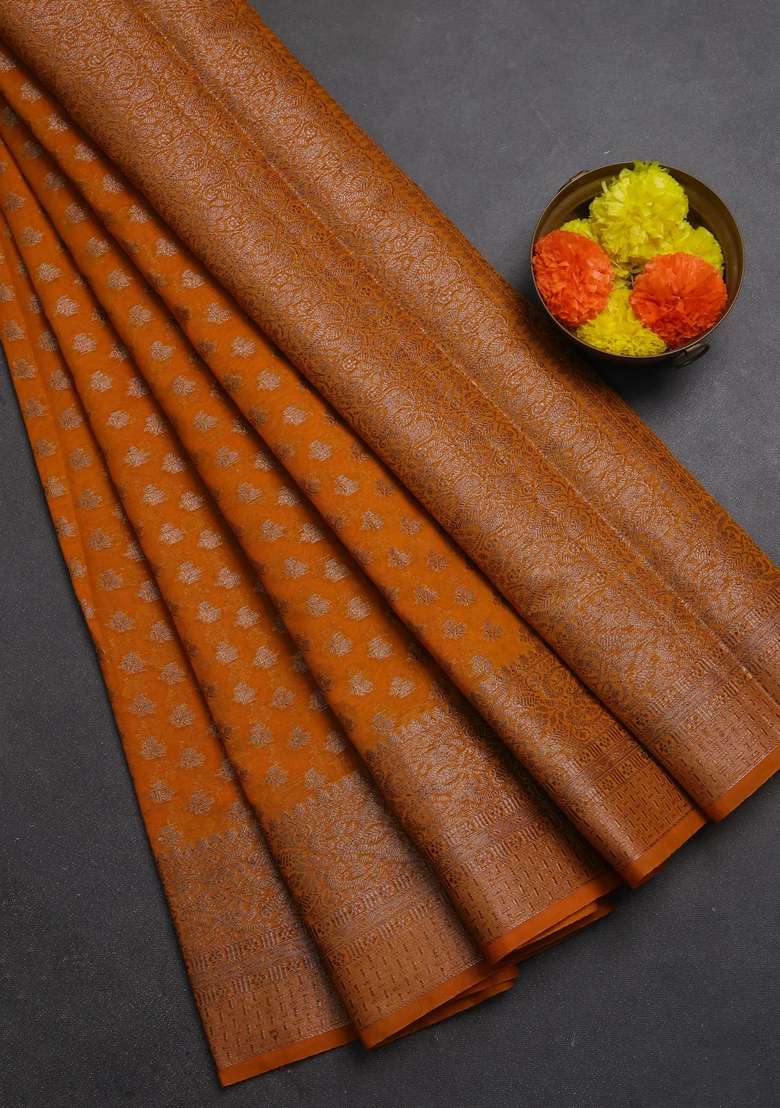 Semi Chiniya Silk Saree Mango Yellow With Allover Thread Zari Woven Buttas And Woven Border With Buttas And Brocade Design For Women - Indya