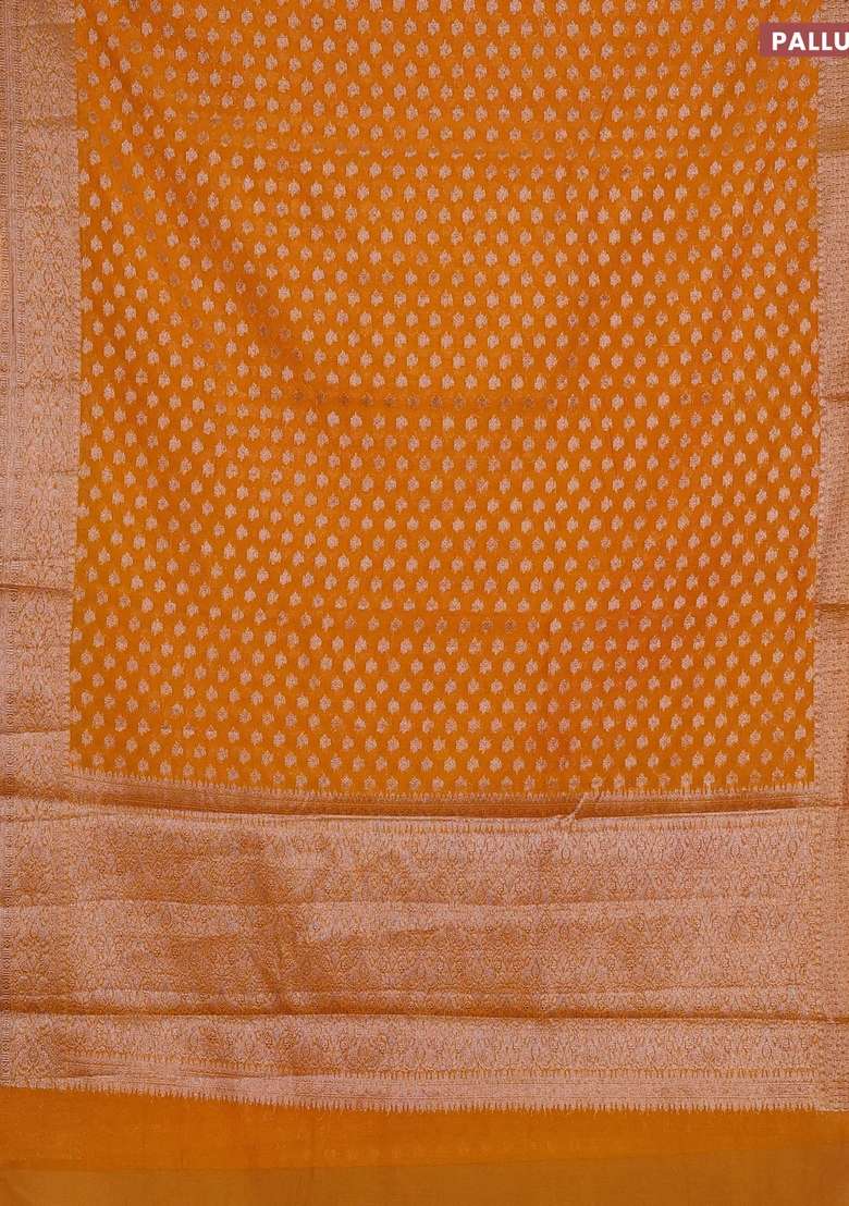 Semi Chiniya Silk Saree Mango Yellow With Allover Thread Zari Woven Buttas And Woven Border With Buttas And Brocade Design For Women - Indya