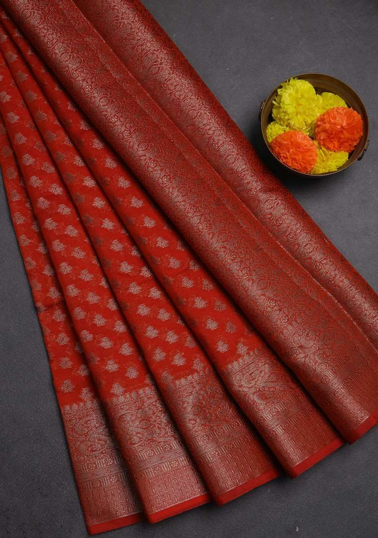 Semi Chiniya Silk Saree Orange With Allover Thread Zari Woven Buttas And Woven Border With Buttas And Brocade Design For Women - Indya