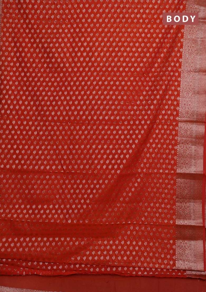 Semi Chiniya Silk Saree Orange With Allover Thread Zari Woven Buttas And Woven Border With Buttas And Brocade Design For Women - Indya