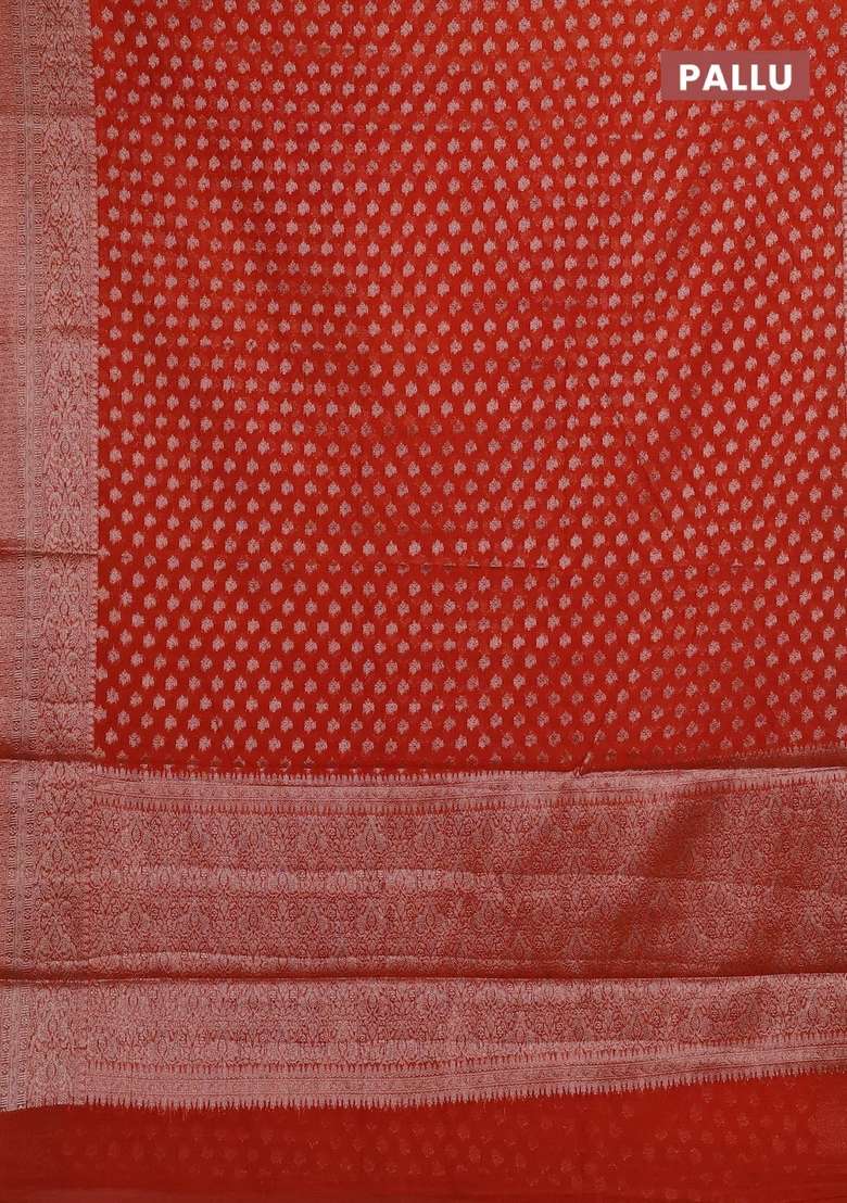 Semi Chiniya Silk Saree Orange With Allover Thread Zari Woven Buttas And Woven Border With Buttas And Brocade Design For Women - Indya