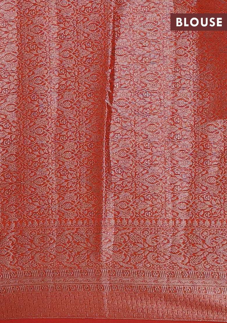 Semi Chiniya Silk Saree Orange With Allover Thread Zari Woven Buttas And Woven Border With Buttas And Brocade Design For Women - Indya