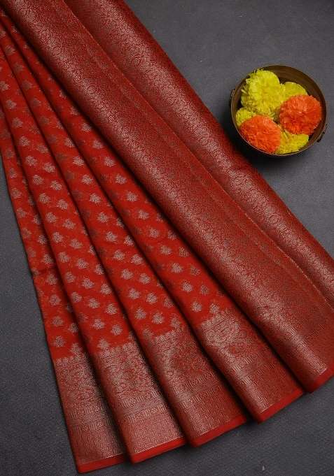 Semi Chiniya Silk Saree Orange With Allover Thread Zari Woven Buttas And Woven Border With Buttas And Brocade Design For Women