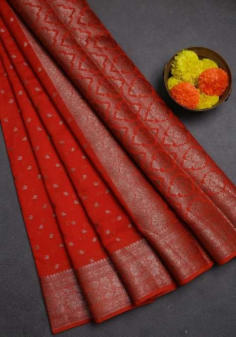 Semi Chiniya Silk Saree Rustic Orange With Allover Thread Zari Woven Buttas And Woven Border With Buttas And Brocade Design For Women