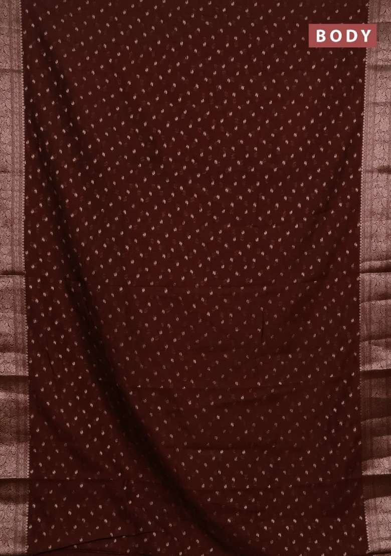 Semi Chiniya Silk Saree Brown With Allover Thread Zari Woven Buttas And Woven Border With Buttas And Brocade Design For Women - Indya