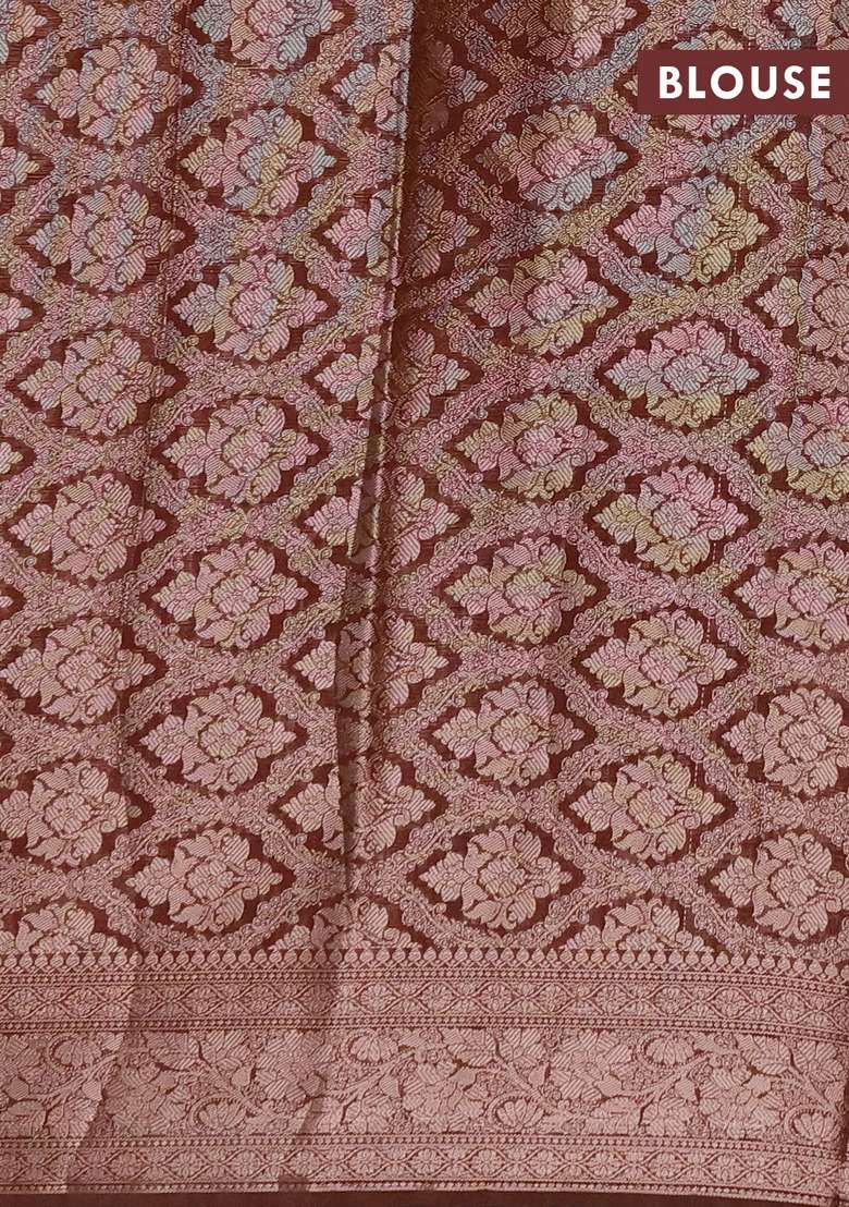 Semi Chiniya Silk Saree Brown With Allover Thread Zari Woven Buttas And Woven Border With Buttas And Brocade Design For Women - Indya