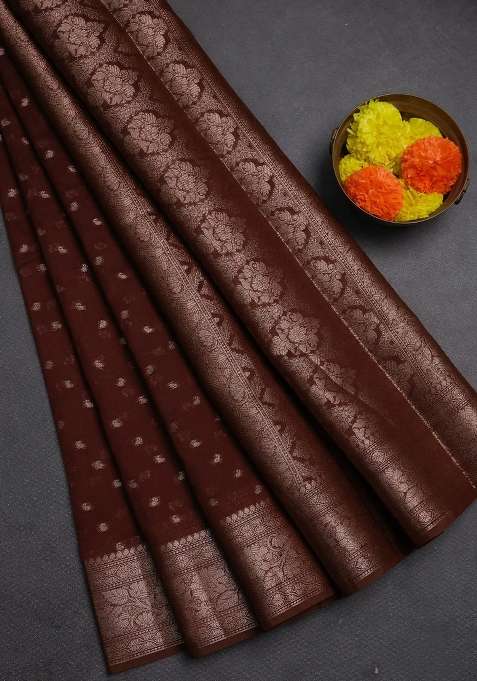 Semi Chiniya Silk Saree Brown With Allover Thread Zari Woven Buttas And Woven Border With Buttas And Brocade Design For Women