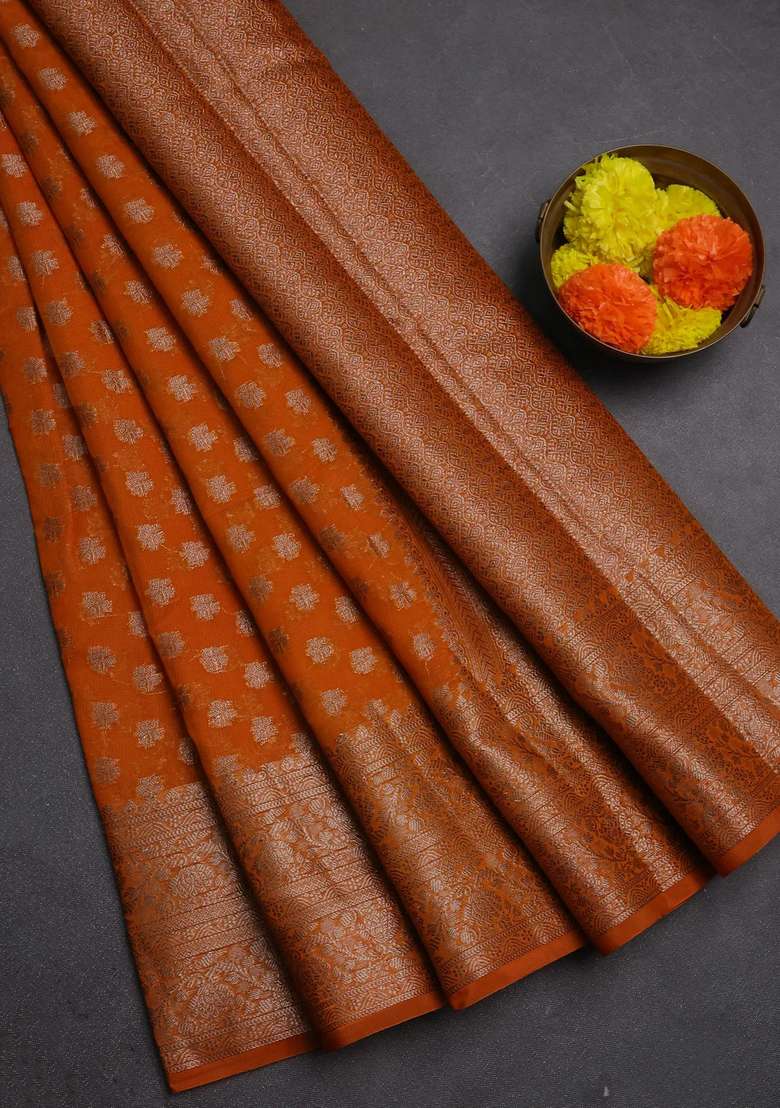 Semi Chiniya Silk Saree Mango Yellow With Allover Thread Zari Woven Buttas And Woven Border With Buttas And Brocade Design For Women - Indya