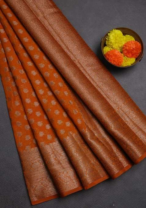 Semi Chiniya Silk Saree Mango Yellow With Allover Thread Zari Woven Buttas And Woven Border With Buttas And Brocade Design For Women