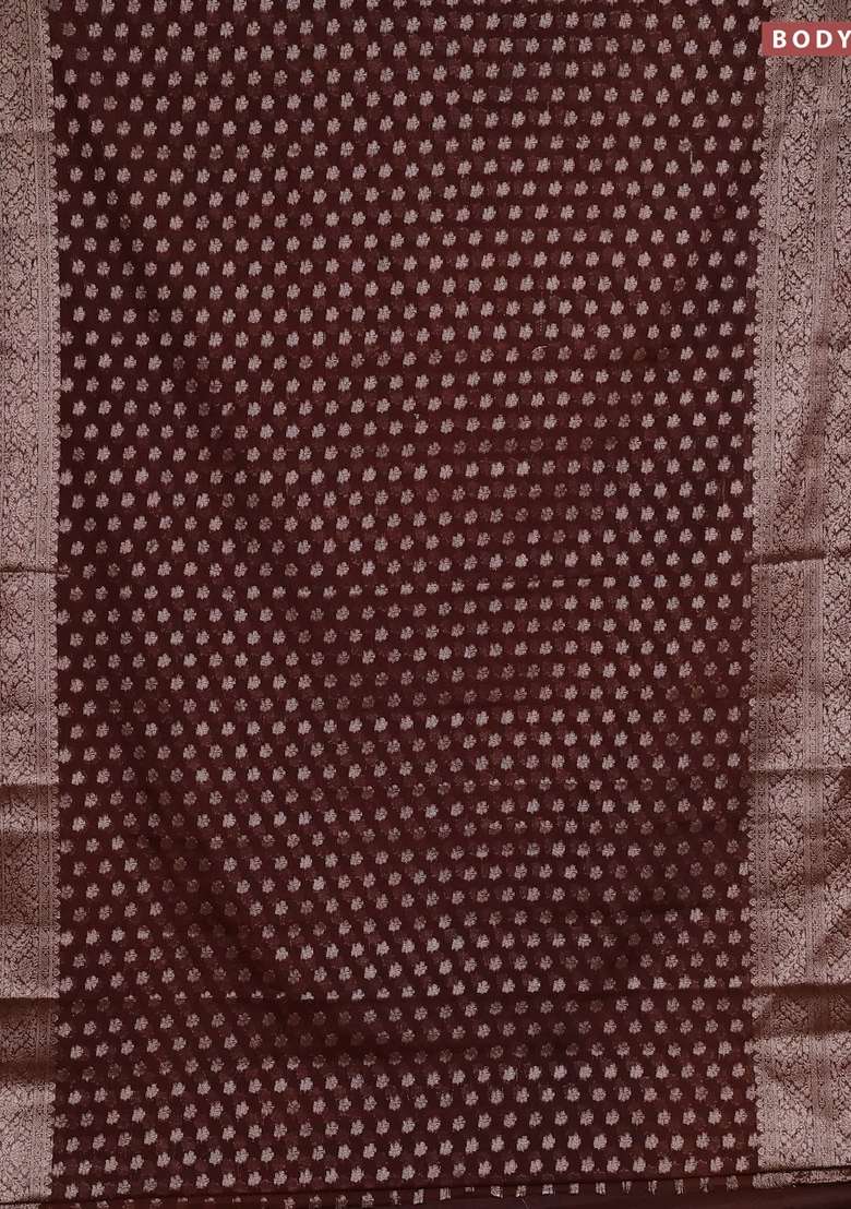 Semi Chiniya Silk Saree Coffee Brown With Allover Thread Zari Woven Buttas And Woven Border With Buttas And Brocade Design For Women - Indya