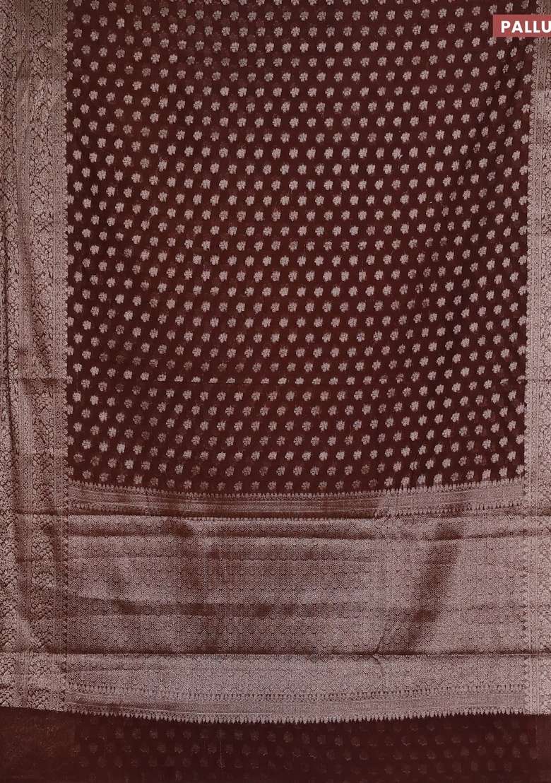 Semi Chiniya Silk Saree Coffee Brown With Allover Thread Zari Woven Buttas And Woven Border With Buttas And Brocade Design For Women - Indya