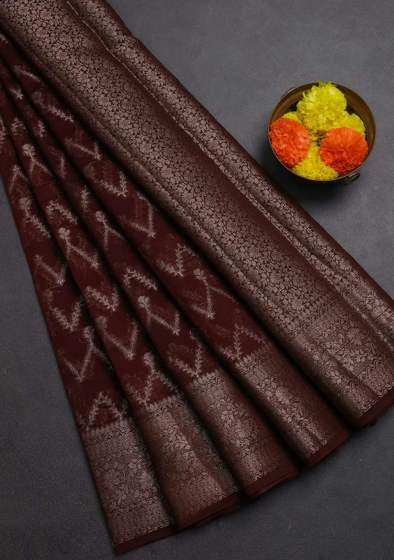 Semi Chiniya Silk Saree Coffee Brown With Allover Thread Zari Weaves And Woven Border With Traditional Woven Design For Women - Indya