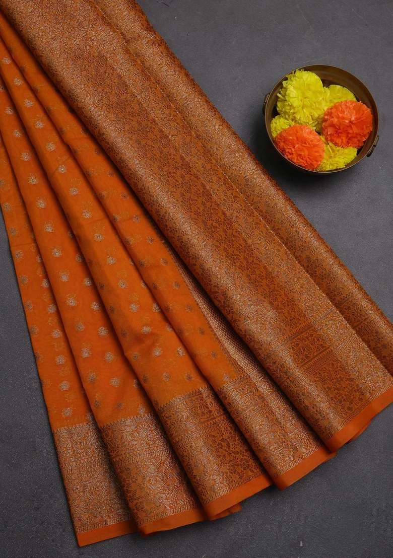 Semi Chiniya Silk Saree Mango Yellow With Allover Thread Zari Woven Buttas And Woven Border With Buttas And Brocade Design For Women - Indya
