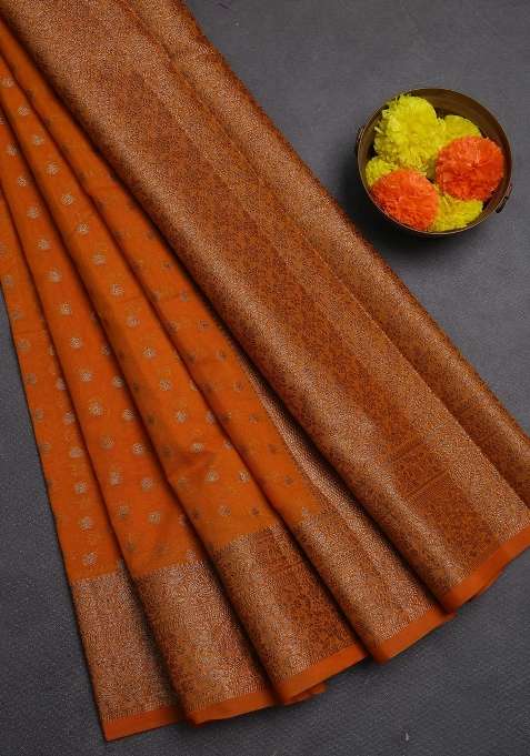 Semi Chiniya Silk Saree Mango Yellow With Allover Thread Zari Woven Buttas And Woven Border With Buttas And Brocade Design For Women