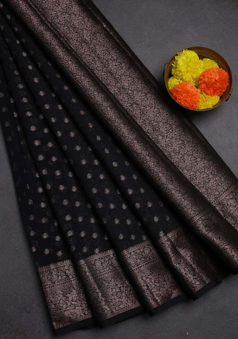 Semi Chiniya Silk Saree Black With Allover Thread Zari Woven Buttas And Woven Border With Buttas And Brocade Design For Women - Indya