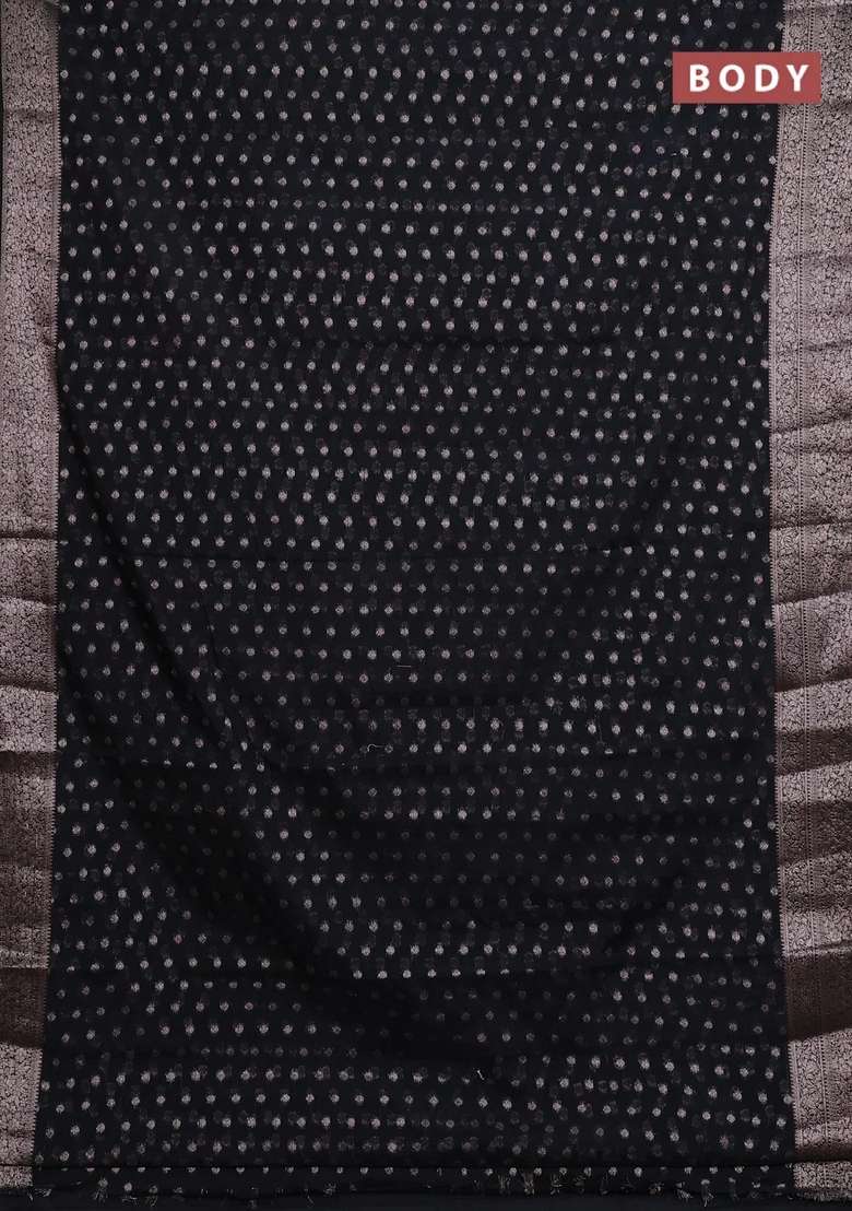 Semi Chiniya Silk Saree Black With Allover Thread Zari Woven Buttas And Woven Border With Buttas And Brocade Design For Women - Indya