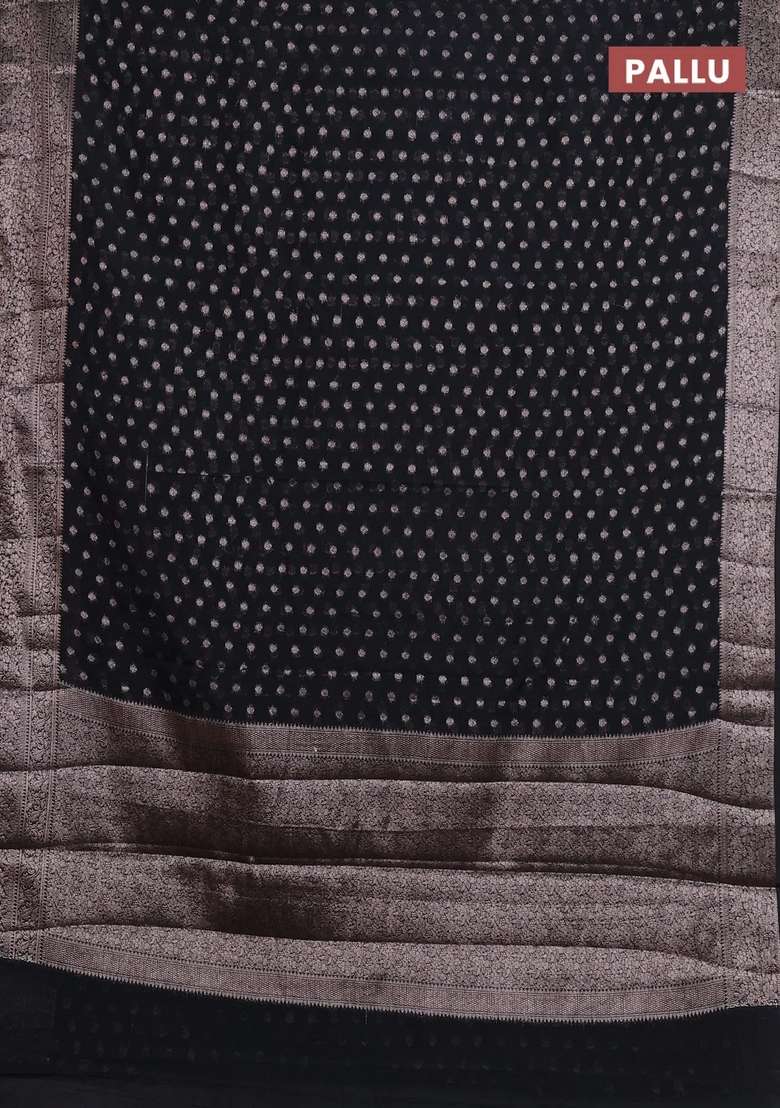 Semi Chiniya Silk Saree Black With Allover Thread Zari Woven Buttas And Woven Border With Buttas And Brocade Design For Women - Indya