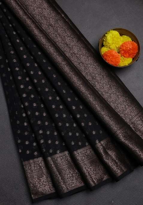 Semi Chiniya Silk Saree Black With Allover Thread Zari Woven Buttas And Woven Border With Buttas And Brocade Design For Women