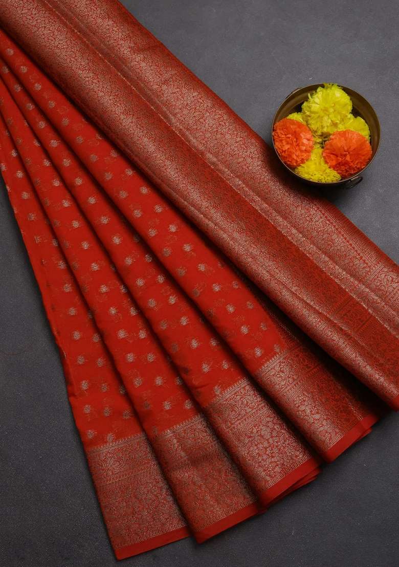 Semi Chiniya Silk Saree Rustic Orange With Allover Thread Zari Woven Buttas And Woven Border With Buttas And Brocade Design For Women - Indya