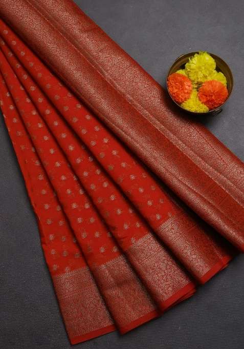 Semi Chiniya Silk Saree Rustic Orange With Allover Thread Zari Woven Buttas And Woven Border With Buttas And Brocade Design For Women