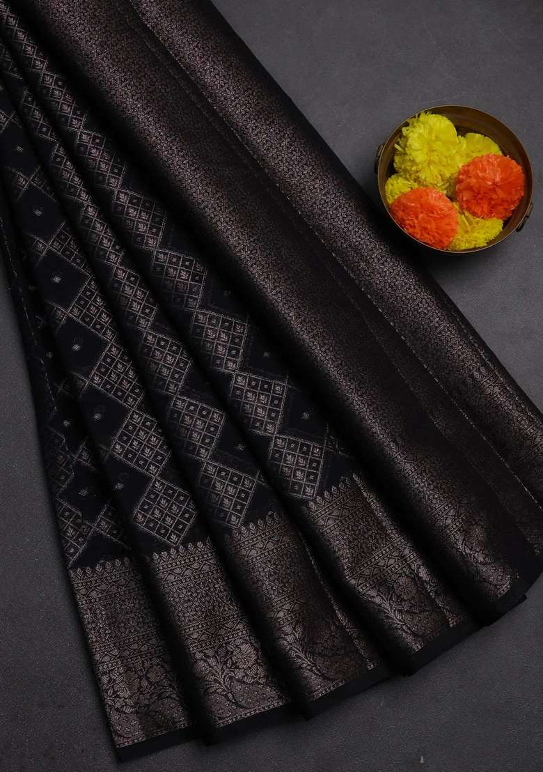 Semi Chiniya Silk Saree Black With Allover Thread Zari Weaves And Woven Border With Traditional Woven Design For Women - Indya