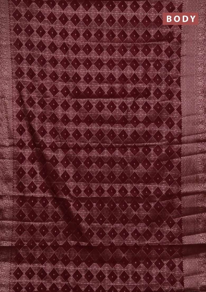 Semi Chiniya Silk Saree Wine Shade With Allover Thread Zari Weaves And Woven Border With Traditional Woven Design For Women - Indya
