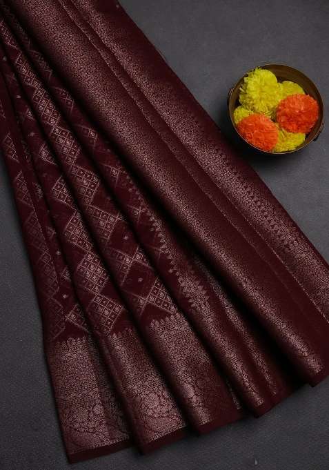 Semi Chiniya Silk Saree Wine Shade With Allover Thread Zari Weaves And Woven Border With Traditional Woven Design For Women
