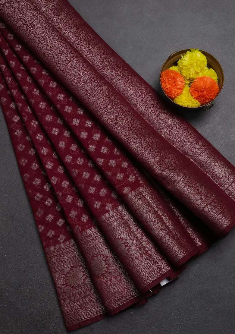 Semi Chiniya Silk Saree Wine Shade With Allover Thread Zari Woven Buttas And Woven Border With Buttas And Brocade Design For Women - Indya