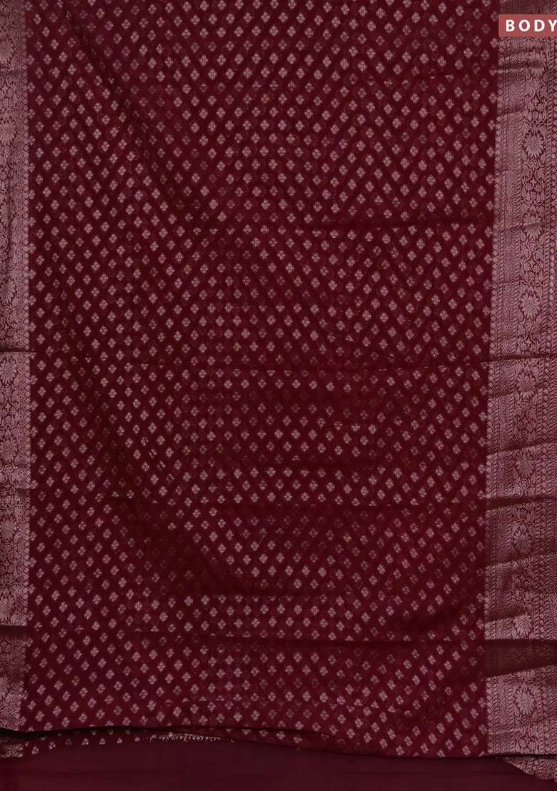 Semi Chiniya Silk Saree Wine Shade With Allover Thread Zari Woven Buttas And Woven Border With Buttas And Brocade Design For Women - Indya
