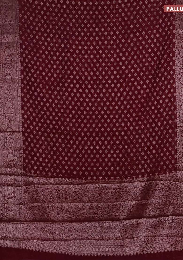 Semi Chiniya Silk Saree Wine Shade With Allover Thread Zari Woven Buttas And Woven Border With Buttas And Brocade Design For Women - Indya