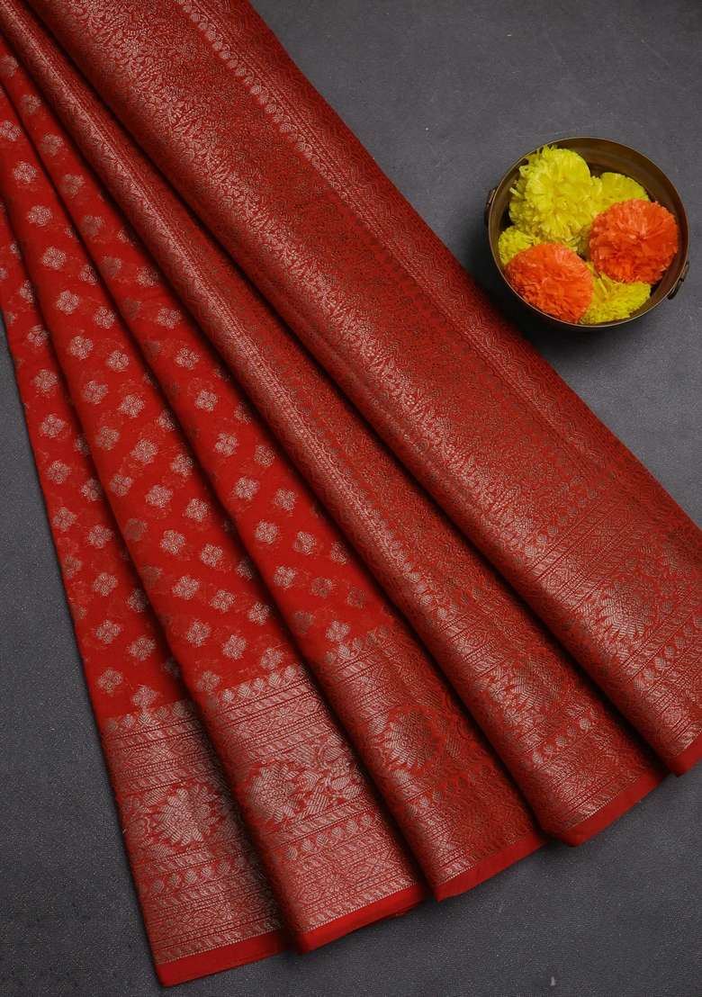 Semi Chiniya Silk Saree Orange With Allover Thread Zari Woven Buttas And Woven Border With Buttas And Brocade Design For Women - Indya