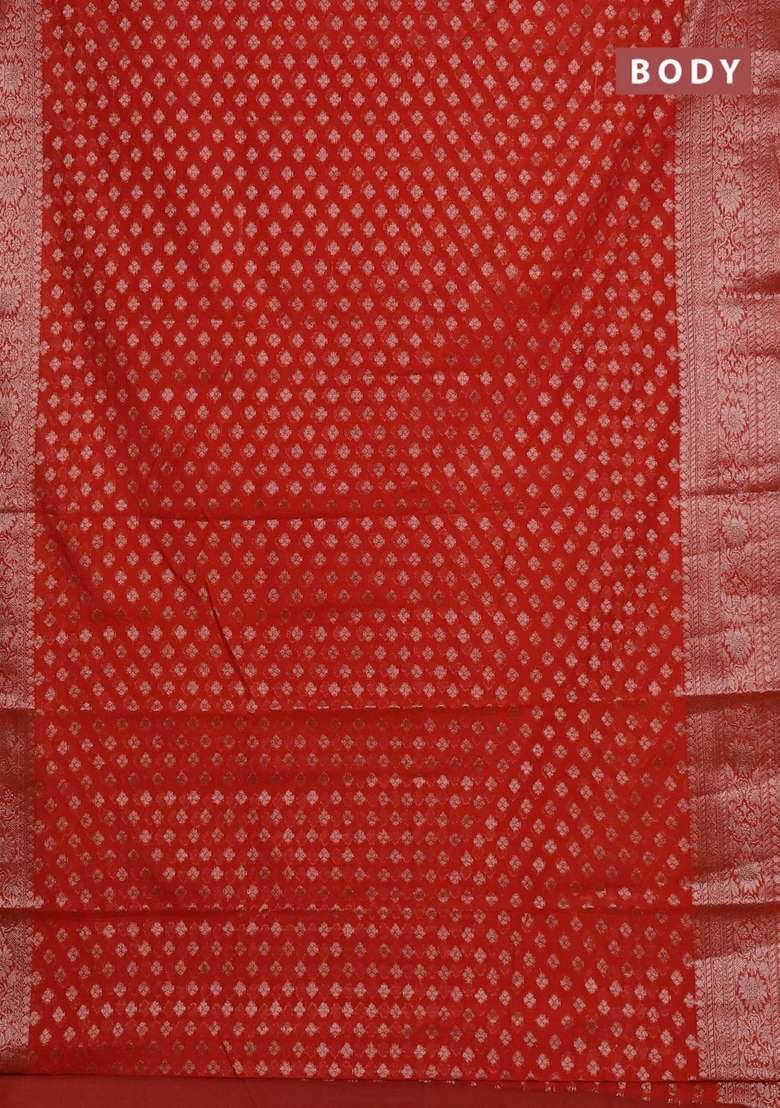 Semi Chiniya Silk Saree Orange With Allover Thread Zari Woven Buttas And Woven Border With Buttas And Brocade Design For Women - Indya