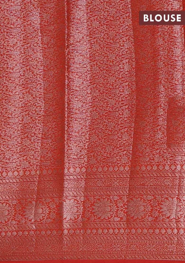 Semi Chiniya Silk Saree Orange With Allover Thread Zari Woven Buttas And Woven Border With Buttas And Brocade Design For Women - Indya