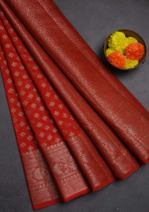 Semi Chiniya Silk Saree Orange With Allover Thread Zari Woven Buttas And Woven Border With Buttas And Brocade Design For Women