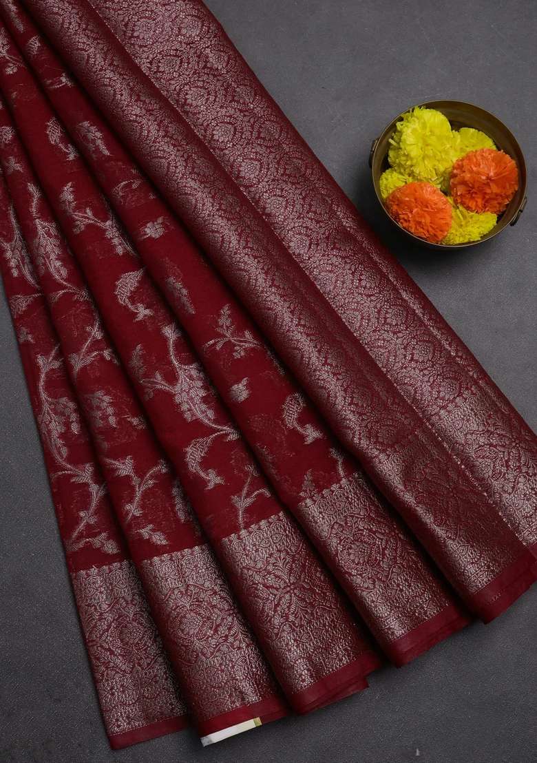 Semi Chiniya Silk Saree Red With Allover Thread Zari Weaves And Woven Border With Traditional Woven Design For Women - Indya