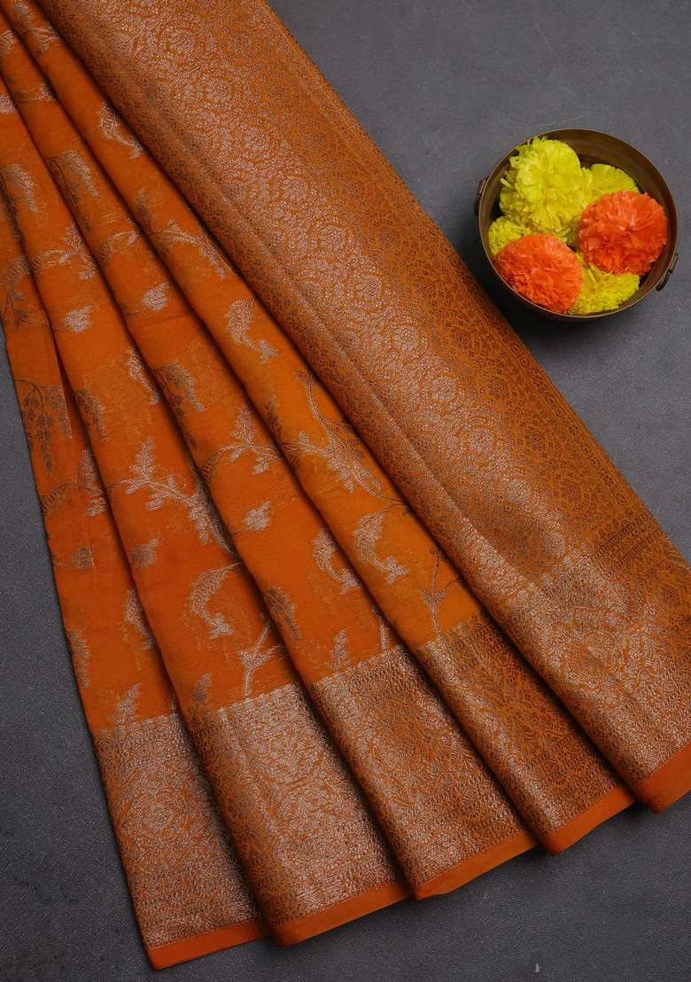 Semi Chiniya Silk Saree Mango Yellow With Allover Thread Zari Weaves And Woven Border With Traditional Woven Design For Women - Indya