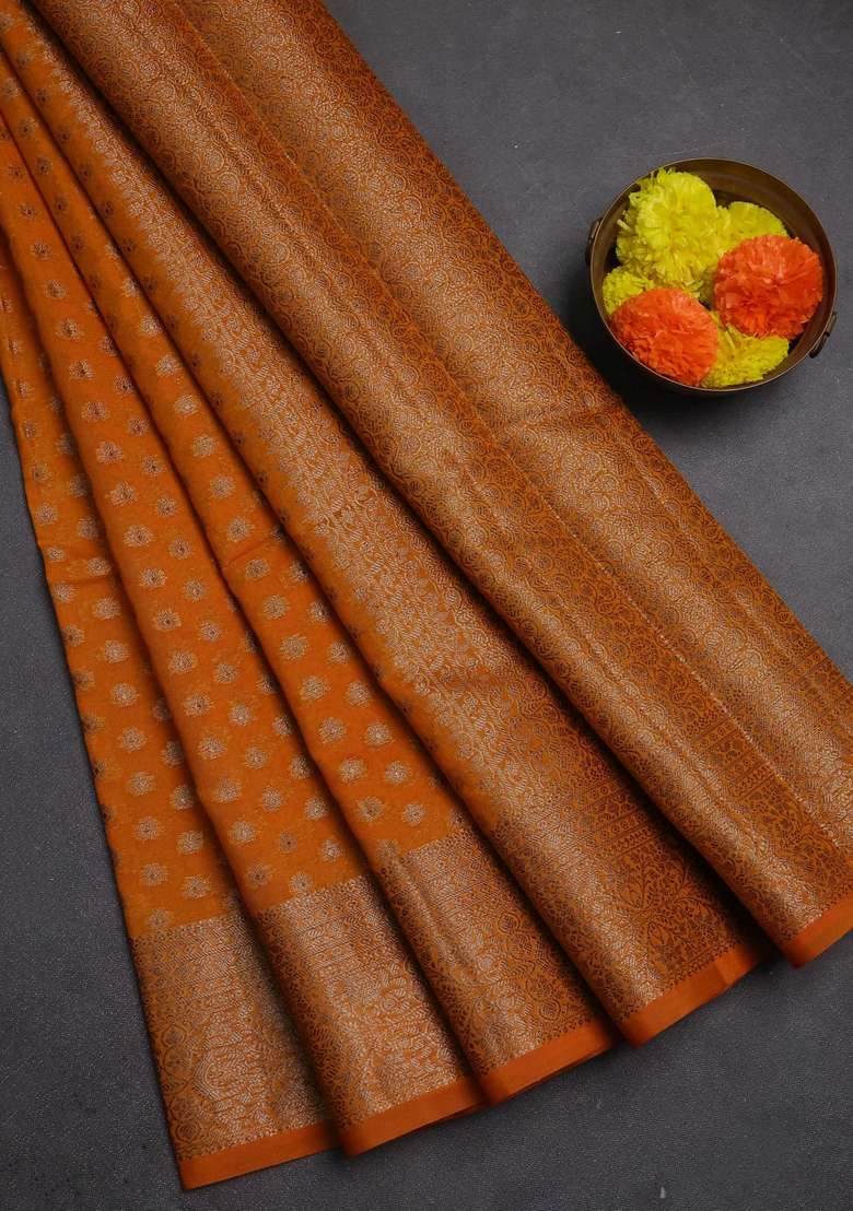 Semi Chiniya Silk Saree Mango Yellow With Allover Thread Zari Woven Buttas And Woven Border With Buttas And Brocade Design For Women - Indya