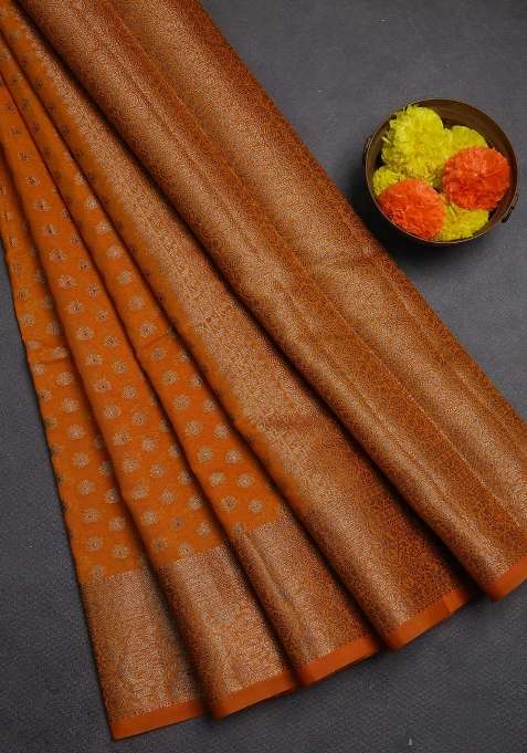 Semi Chiniya Silk Saree Mango Yellow With Allover Thread Zari Woven Buttas And Woven Border With Buttas And Brocade Design For Women