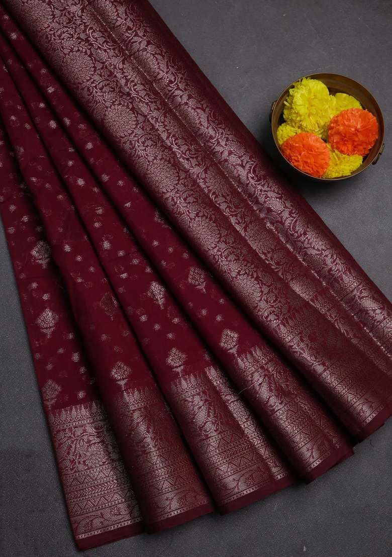 Semi Chiniya Silk Saree Wine Shade With Allover Thread Zari Woven Buttas And Woven Border With Buttas And Brocade Design For Women - Indya