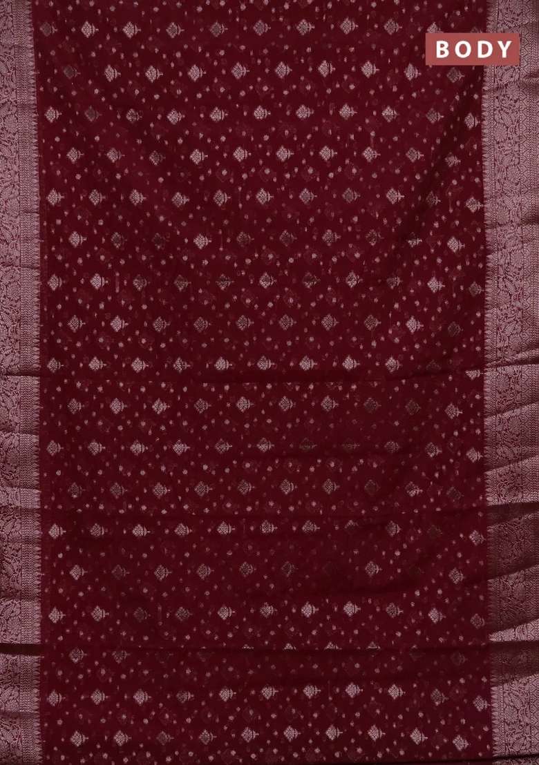 Semi Chiniya Silk Saree Wine Shade With Allover Thread Zari Woven Buttas And Woven Border With Buttas And Brocade Design For Women - Indya