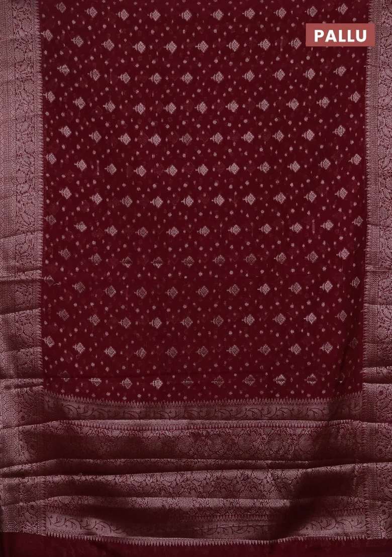 Semi Chiniya Silk Saree Wine Shade With Allover Thread Zari Woven Buttas And Woven Border With Buttas And Brocade Design For Women - Indya