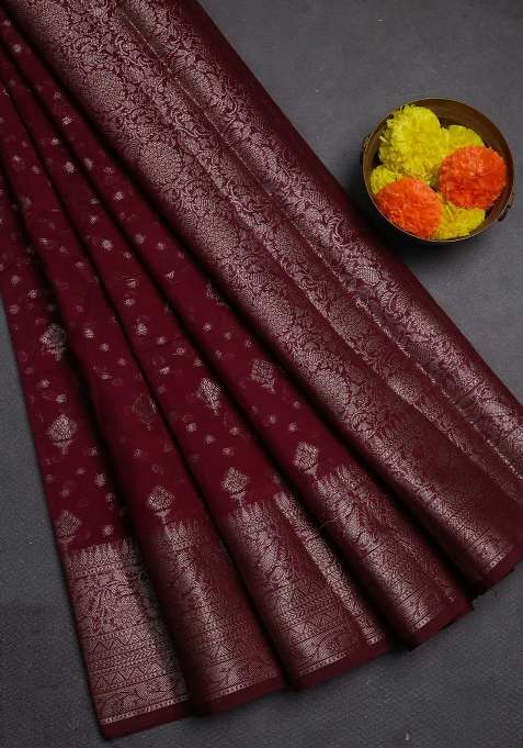 Semi Chiniya Silk Saree Wine Shade With Allover Thread Zari Woven Buttas And Woven Border With Buttas And Brocade Design For Women