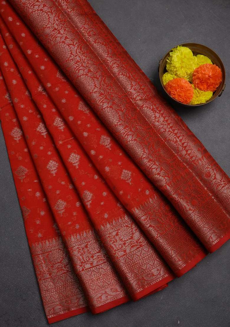 Semi Chiniya Silk Saree Orange With Allover Thread Zari Woven Buttas And Woven Border With Buttas And Brocade Design For Women - Indya