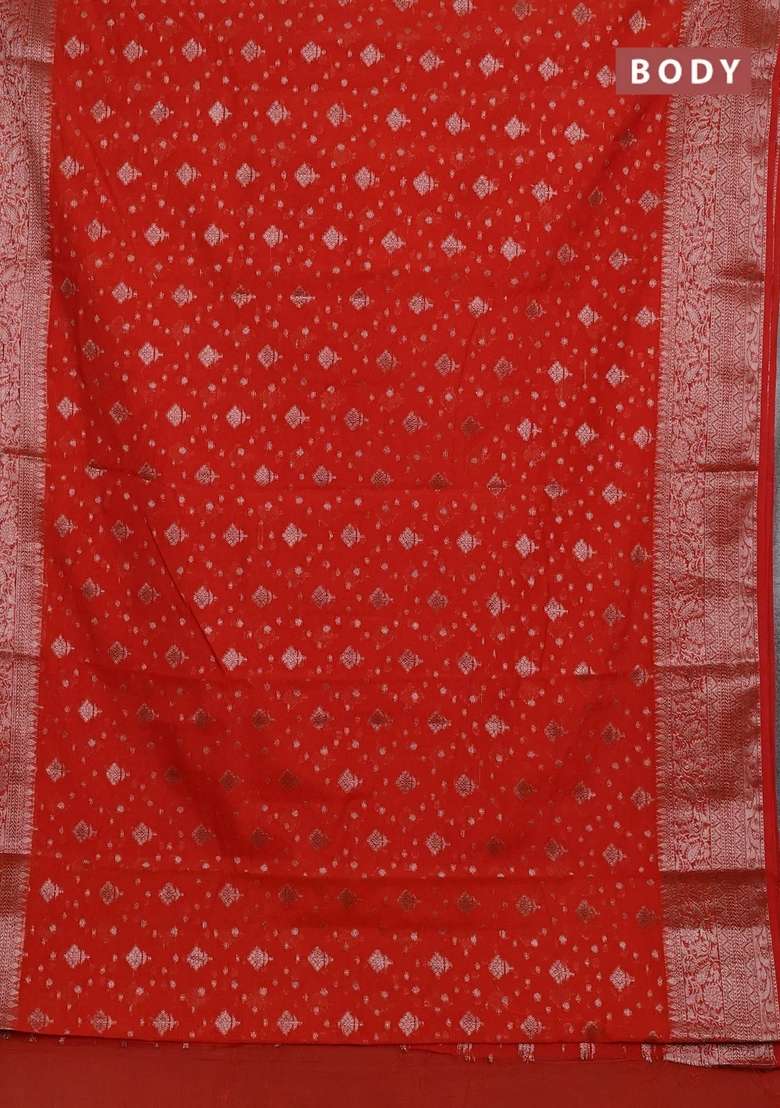 Semi Chiniya Silk Saree Orange With Allover Thread Zari Woven Buttas And Woven Border With Buttas And Brocade Design For Women - Indya